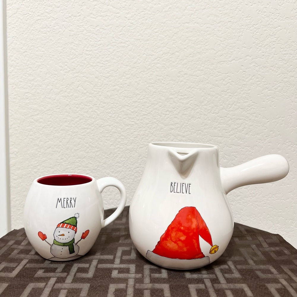 Rae Dunn BELIEVE Santa hat cocoa pot and MERRY snowman mug